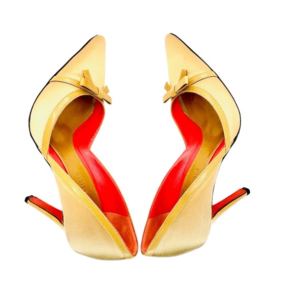 Judith Leiber NWD beige satin and leather 4” high heel pump Sz 8 - Picture 10 of 14